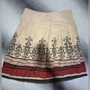 (A2) Apt. 9 Beige‎ Boho Pleated Skirt | Embroidered Paisley Hem Knee Length 10